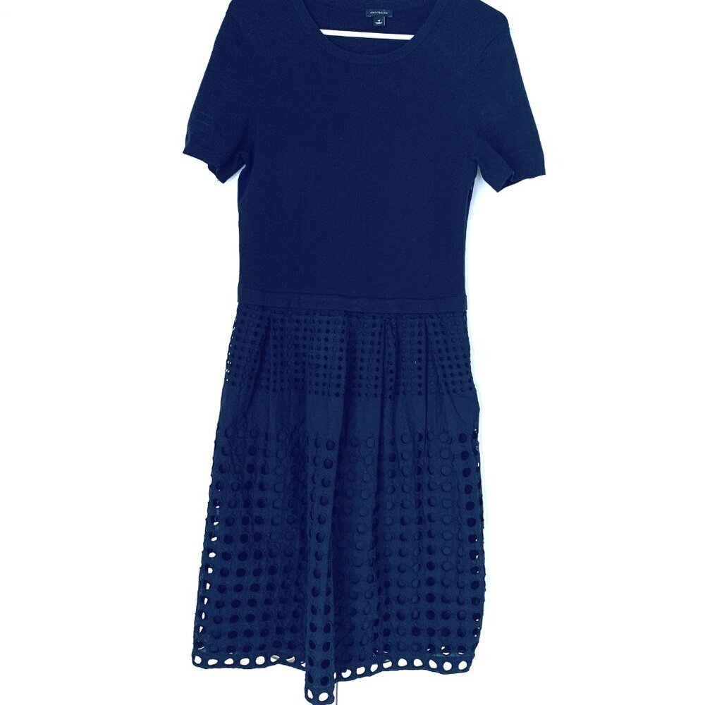 ANN TAYLOR Navy Blue Knit Top Eyelet Bottom Inverted Pleats Short Sleeve Dress M